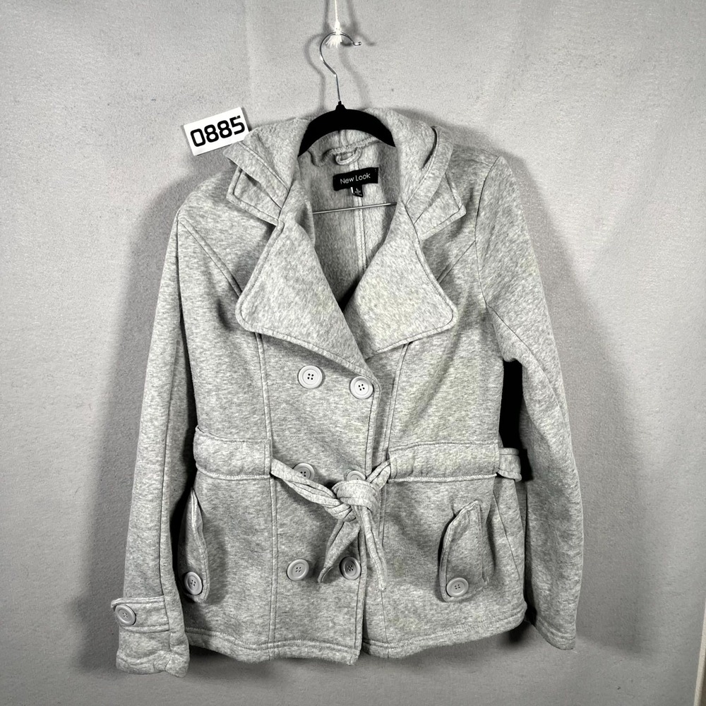 New Look Peacoat Jacket Womens Large Heather Gray Double Breasted Belted Hooded